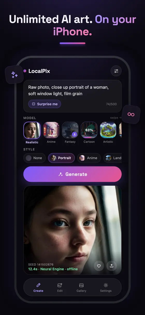 LocalPix create screen with prompt, model picker and a generated portrait