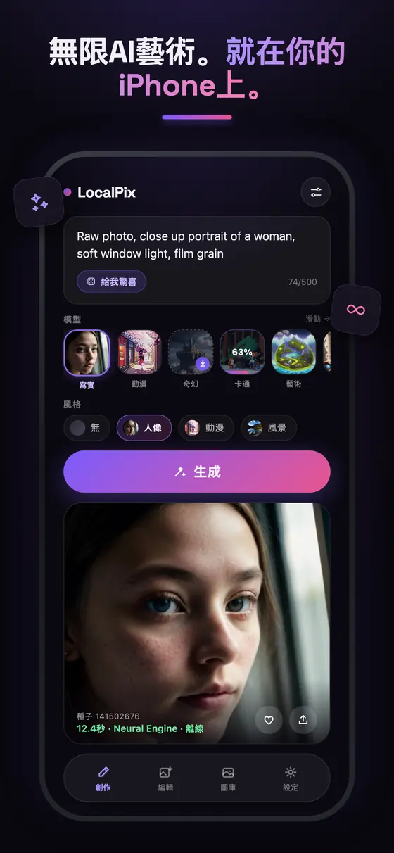 LocalPix 創作畫面：提示詞、模型選擇與生成的人像